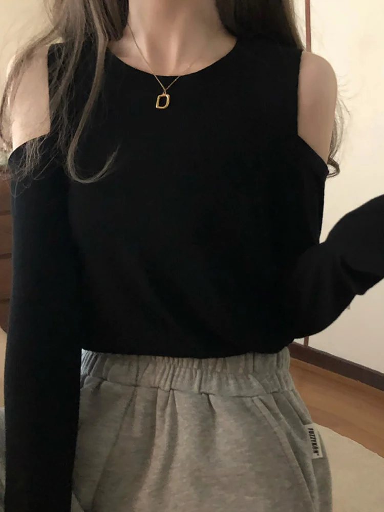 Черная женская футболка с открытыми плечами и длинным рукавом новинка 2021 осенняя