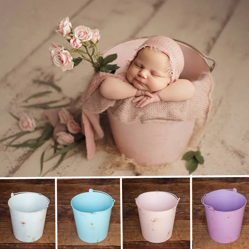 Newborn Photography Props Solid Iron Bucket Basket Retro Baby Photography Prop Background Baby Photo Shoot Recien Nacido Girls