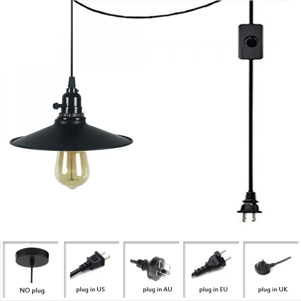 

Черный потолочный светильник со штекером, металлическая Подвесная лампа в шнуре с регулируемым штекером и переключателем, Подвесная лампа