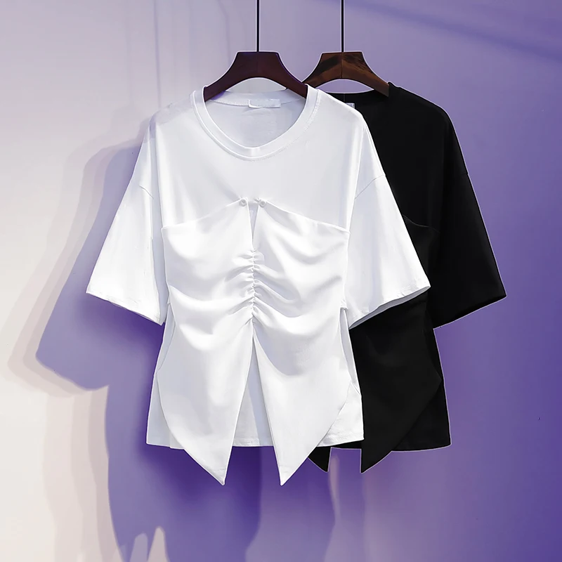 

2021 Summer New Niche Loose Stitching T-shirt Short Sleeve Pleated Waist Top