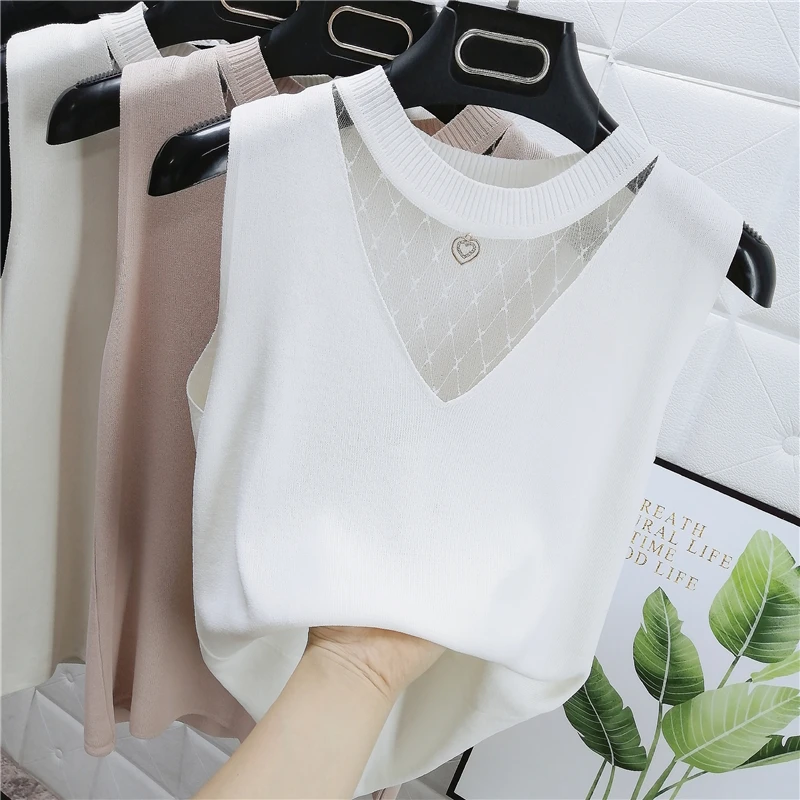 

O-Neck Hollow Out Mesh Patchwork Knitted Tank Top 2022 Spring And Summer Fashion Sleeveless Tops