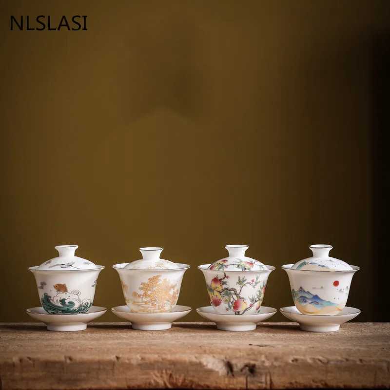 

170ML Suet Jade Handmade Tea Ceremony Supplies Gaiwan Ceramics Tea Tureen Household with Cover Teacup Travel Portable Teaware