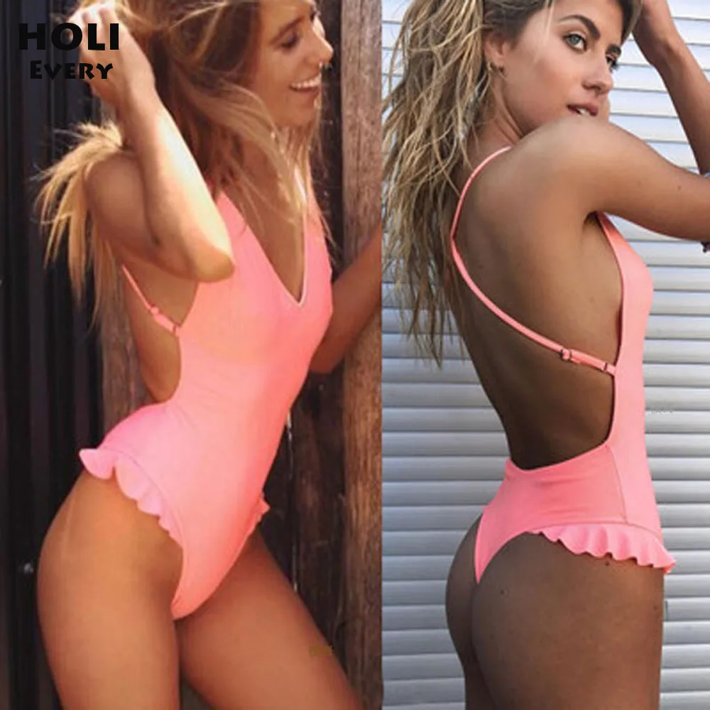 Ruffle One piece Swimsuit Solid Pink Teenage Women Monokini 2019 Female Thong Swimwear Swim Ba Stroj Costume Bathing Suit Fused |