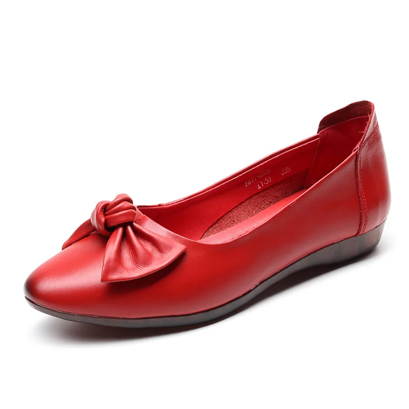 Женские туфли из воловьей кожи с бантом на плоской подошве мягкие удобные