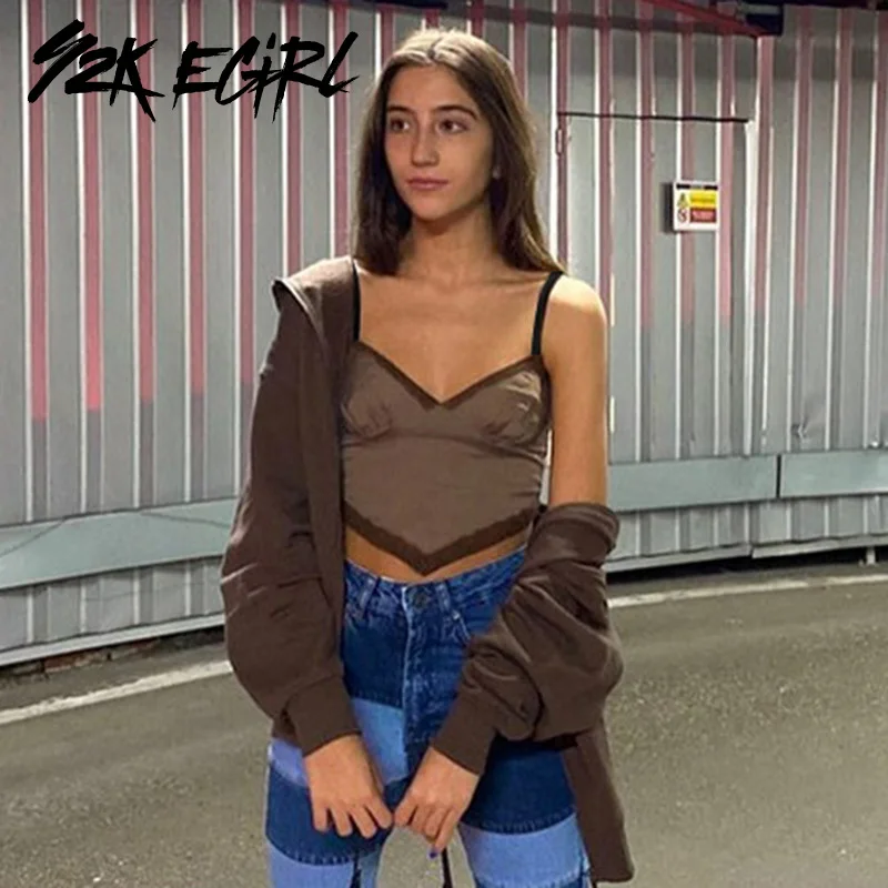 

Y2K EGIRL Indie эстетичная кружевная отделка, топы на бретельках с глубоким V-образным вырезом, винтажные вечерние топы с открытой спиной, уличная одежда, укороченные майки