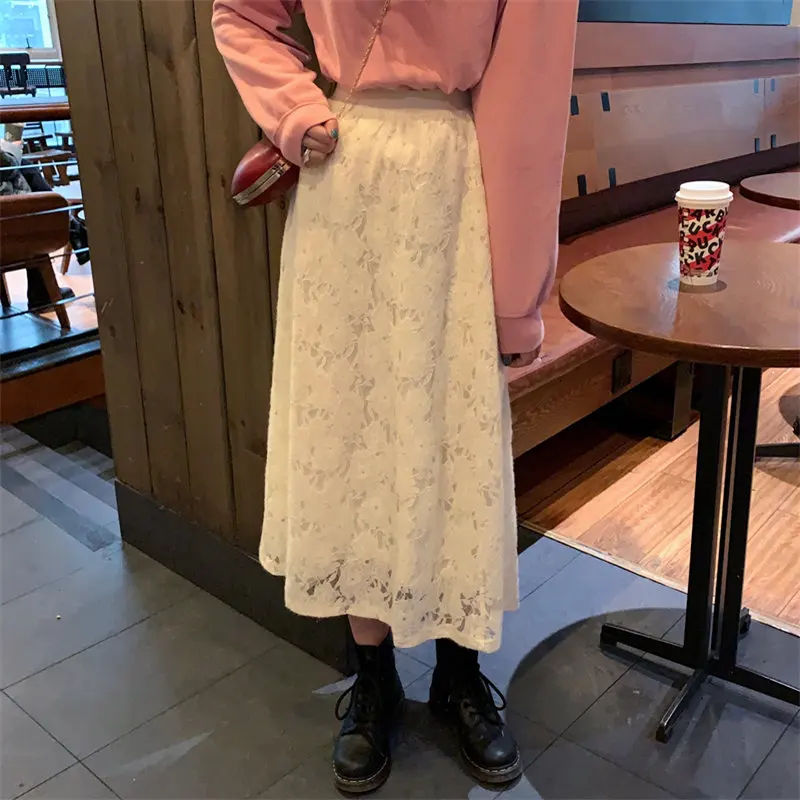 

Hzirip Elastic-Waist Hook Floral A-Line Brief Lace Chic Fashion 2020 High Waist Sweet Fresh Feminine Streetwear Women Skirts