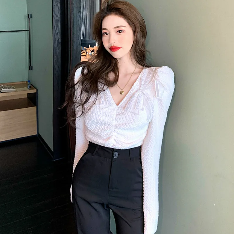 

V Neck Slim Fit Long Sleeve Blouse Women Draped Design Solid Blusas Spring 2021 New Work Style Ol Blusas Feminino Shirt