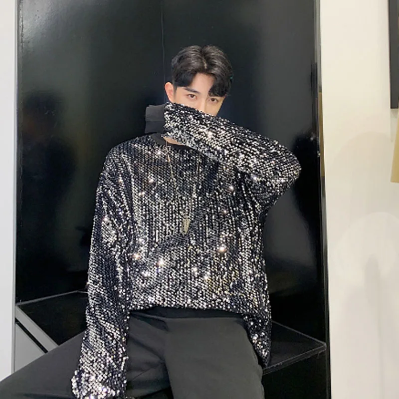 Осень 2019 мужская мода тонкая толстовка с блестками в стиле хип хоп свитшот для