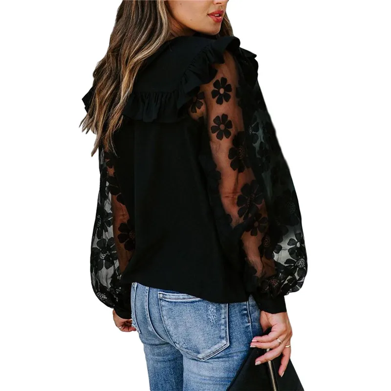 

Women's Spring Autumn Lace Ruffles See-through Blouse Long Sleeve Dot Printed Streetwear Pullover Black Tops
