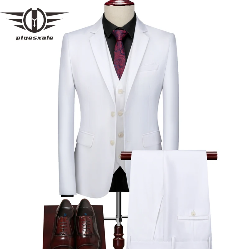 

Plyesxale, белые свадебные костюмы для жениха для мужчин, 2020, из трех частей, тонкие, большого размера, разные цвета, строгие костюмы Q1031