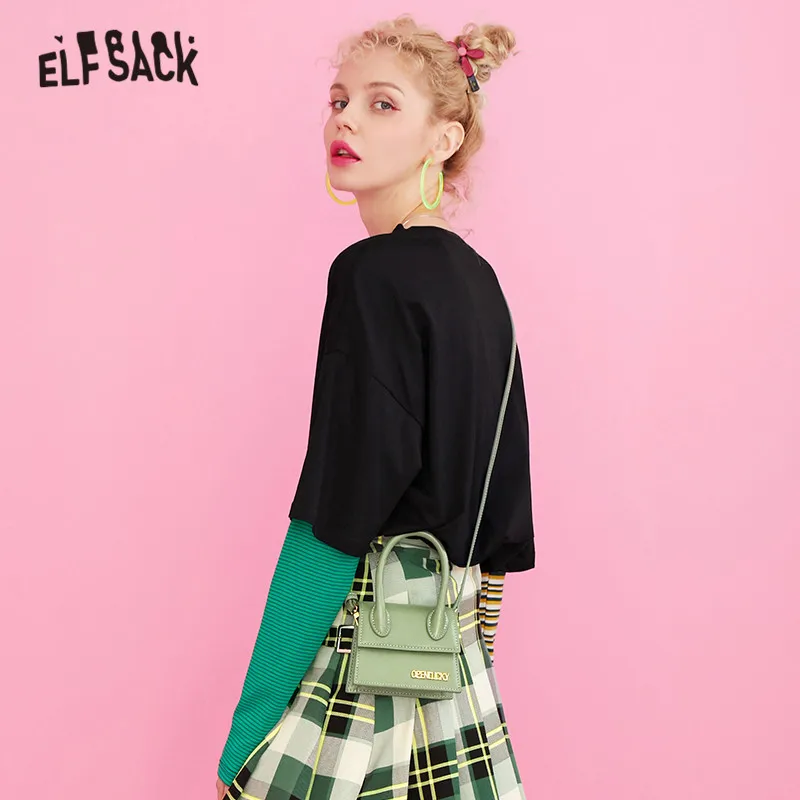 ELFSACK хлопковые полосатые футболки с мультяшным принтом для женщин Осенняя модная повседневная футболка больших размеров из двух частей в Корейском стиле панк