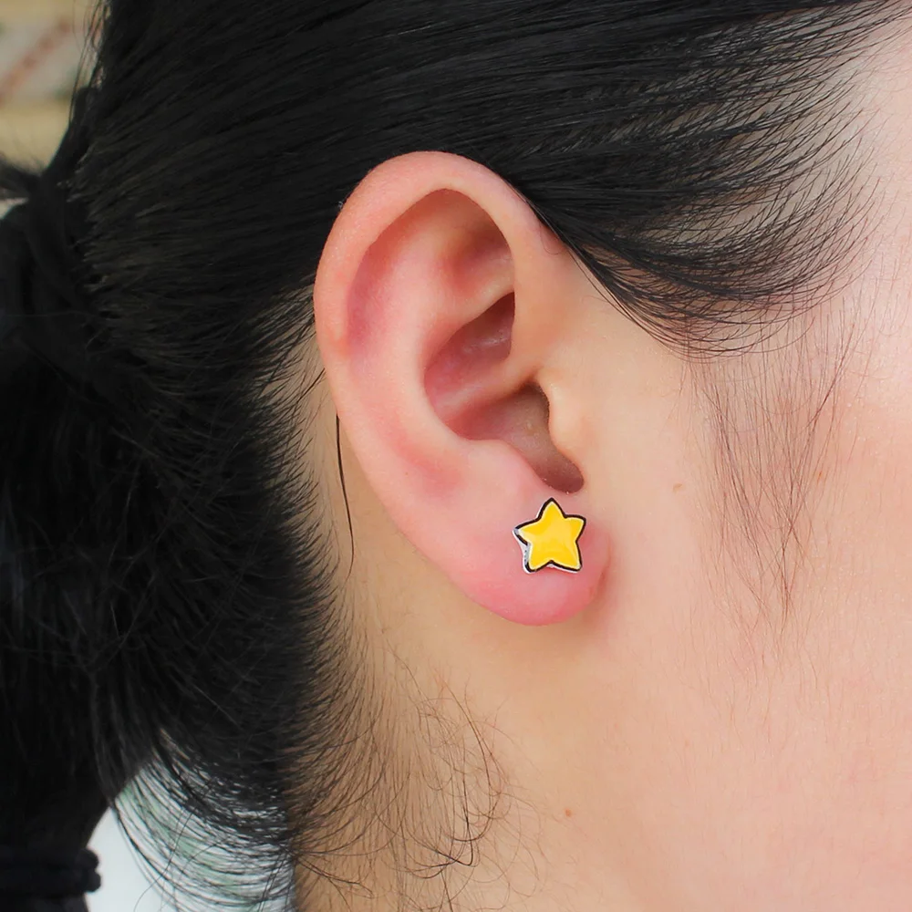 Женские асимметричные серьги ElfoPlataSi сережки гвоздики с желтой звездой и луной из