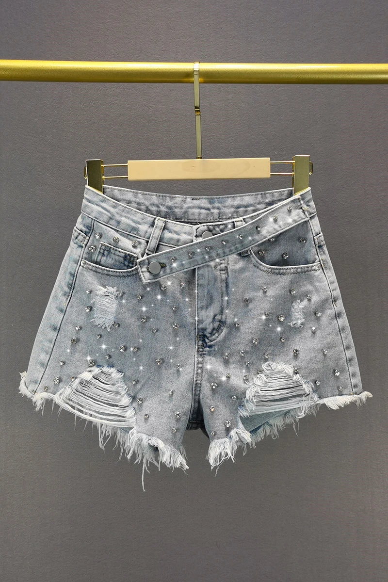 

IEQJ 2021 New High Waist Tassels Light Blue Denim Diamond Pocket Shorts Female Spliced Hots Tide Summer WR24505XL
