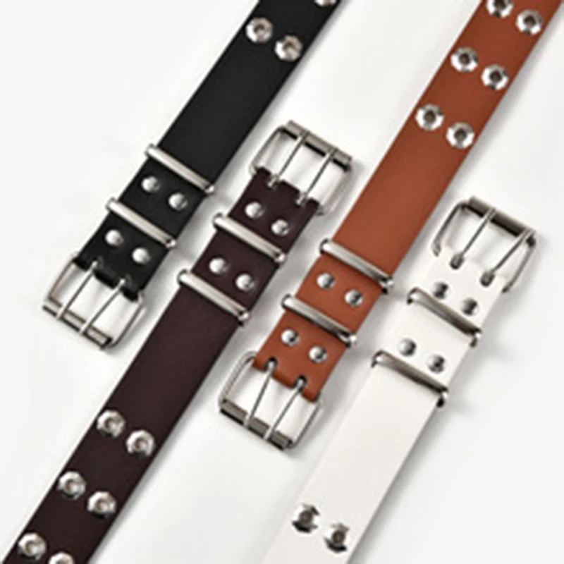 

1PCS Punk Belts PU Leather Wide Waist Belt Black Double Pin Buckle Belt Adjustable Decorative Hollow Alloy Hole Waistband Hot