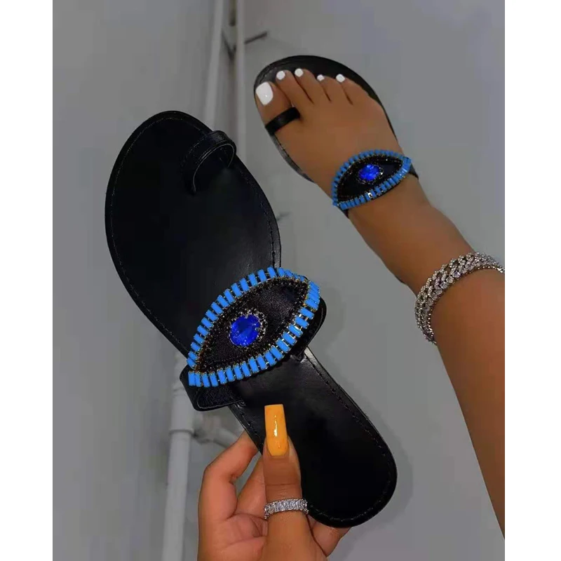 

2021 Summer Rhinestone Women Flat Sandals Outdoor Open Toe Sexy Women's Beach Slippers Plus Size