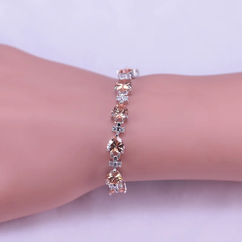 Risenj 925 Sterling Silver Jewelry Pear Champagne Zircon Stud Earrings Ring Necklace Bracelet Set Romantic Bridal