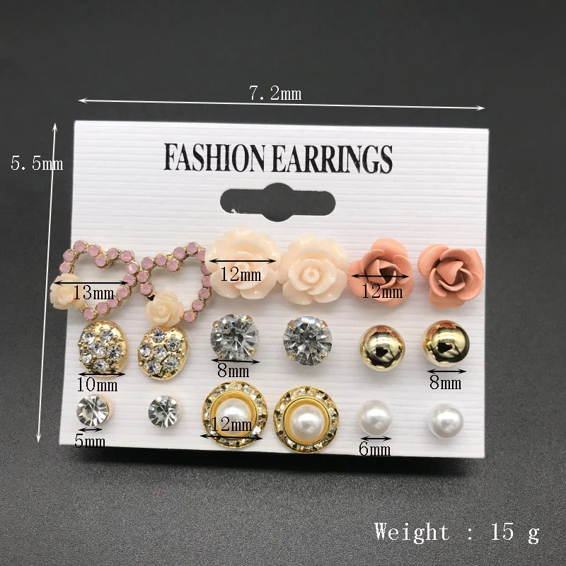 

Juorest Trendy Rose Flower Earrings Ser for Women Sweet Cute Pearl Crystal Heart Stud Earrings 9 Style Gold Metal Earrings Set