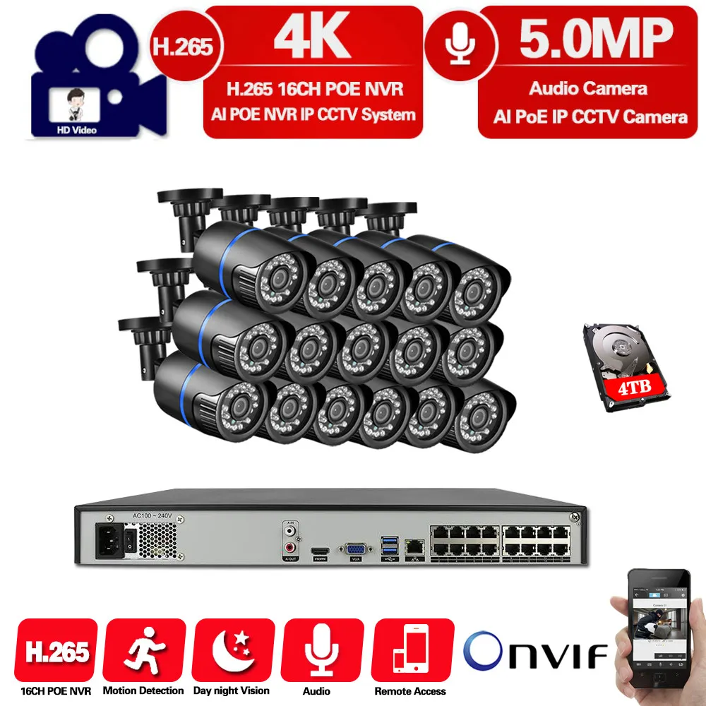 Комплект домашней Ip камеры видеонаблюдения 4k 16ch NVR наружная Водонепроницаемая