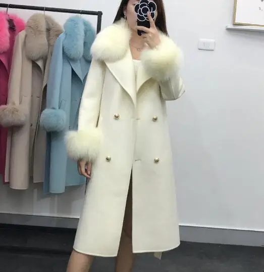 beige Высококачественный Женский Длинный свободный шерстяной плащ с воротником из натурального Лисьего меха, Женская Мягкая двусторонняя шерстяная Верхняя одежда с поясом - Цвет: beige