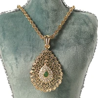 water drop gold pendant chains moroccan trendy hollow out flower green red stone pendant necklace in gold bridal jewelry