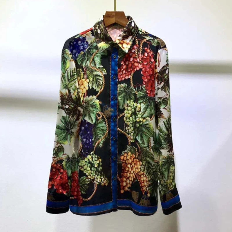 

AELESEEN High Quality 100% TWILL SILK Shirts 2021 Spring Runway Fashion Grape Flower Print Office Ladies Party Elegant Blouse