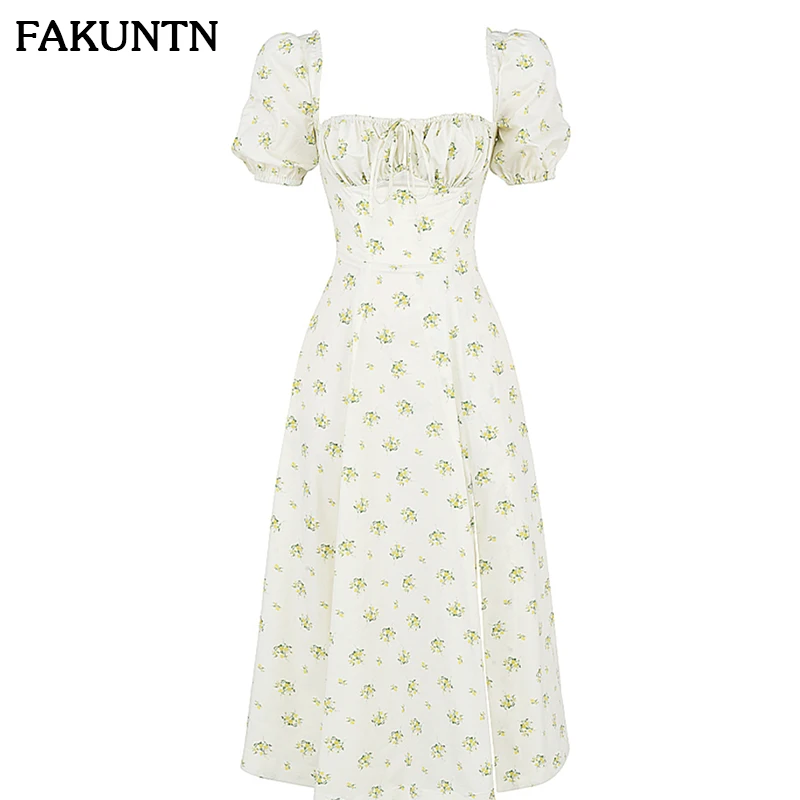 

FAKUNTN Women's Summer Vintage Floral Dress 2021 Fashion Square Collar Short Sleeve Party Puff Sleeve Long Dress Vestidos