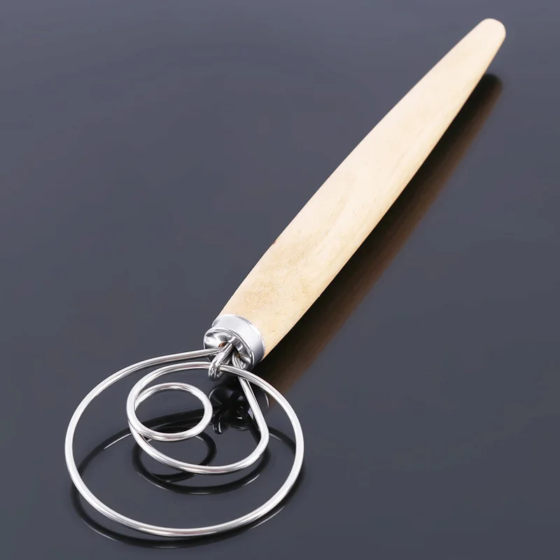 

DIY Bread Dough Bakeware Gadget Stainless Steel Egg Beater Flour Coil Agitator Danish Whisk Stick Oak Wood Handle Blender