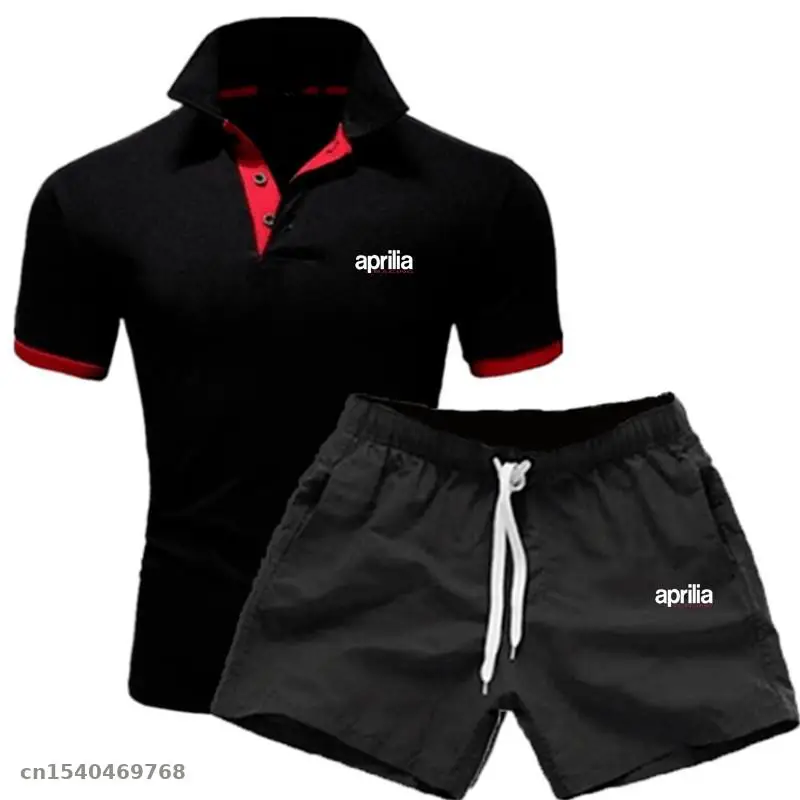

2021 Track Suit Men Polo T Shirt + Shorts Set Casual Solid Jersey fit for aprilia motorcycle riding Fitness Sportsuits Set
