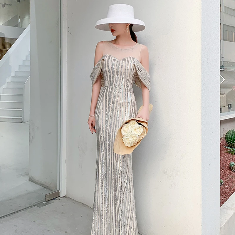 

New Beads Lace O-Neck Evening Dress Short Sleeves Floor-length Mermaid Luxurious Simple Plus size Women Formal Party Gown C616