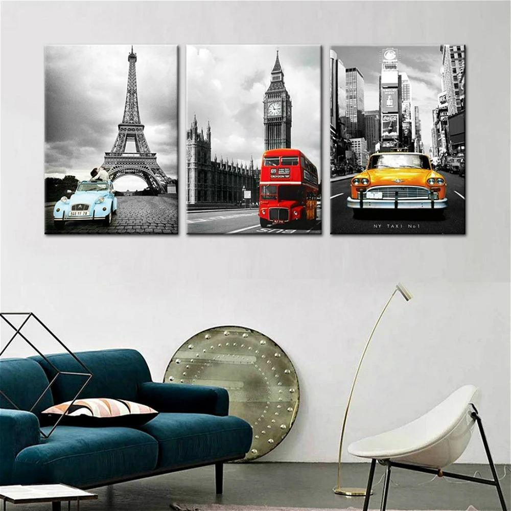 

3 Pieces Paris Tower New York City Car Big Ben Posters Pictures Canvas Wall Art Home Decor Paintings for Living Room Decoration