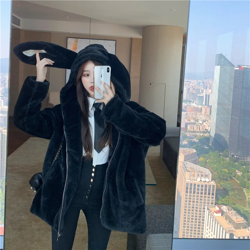 

Autumn and winter cute hooded rabbit ears faux rex rabbit plush fur coat European and American style thickening female tide
