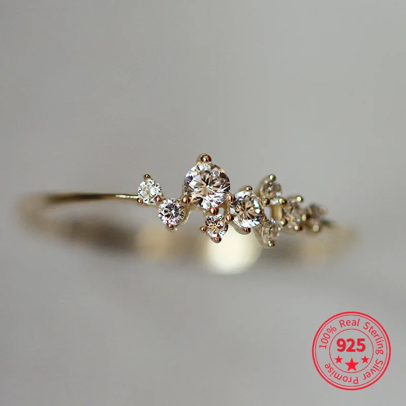 

925 Sterling Silver Classic Irregular Flash Diamond Stars Ring Women 14k Gold High-end Temperament Party Jewelry Accessories