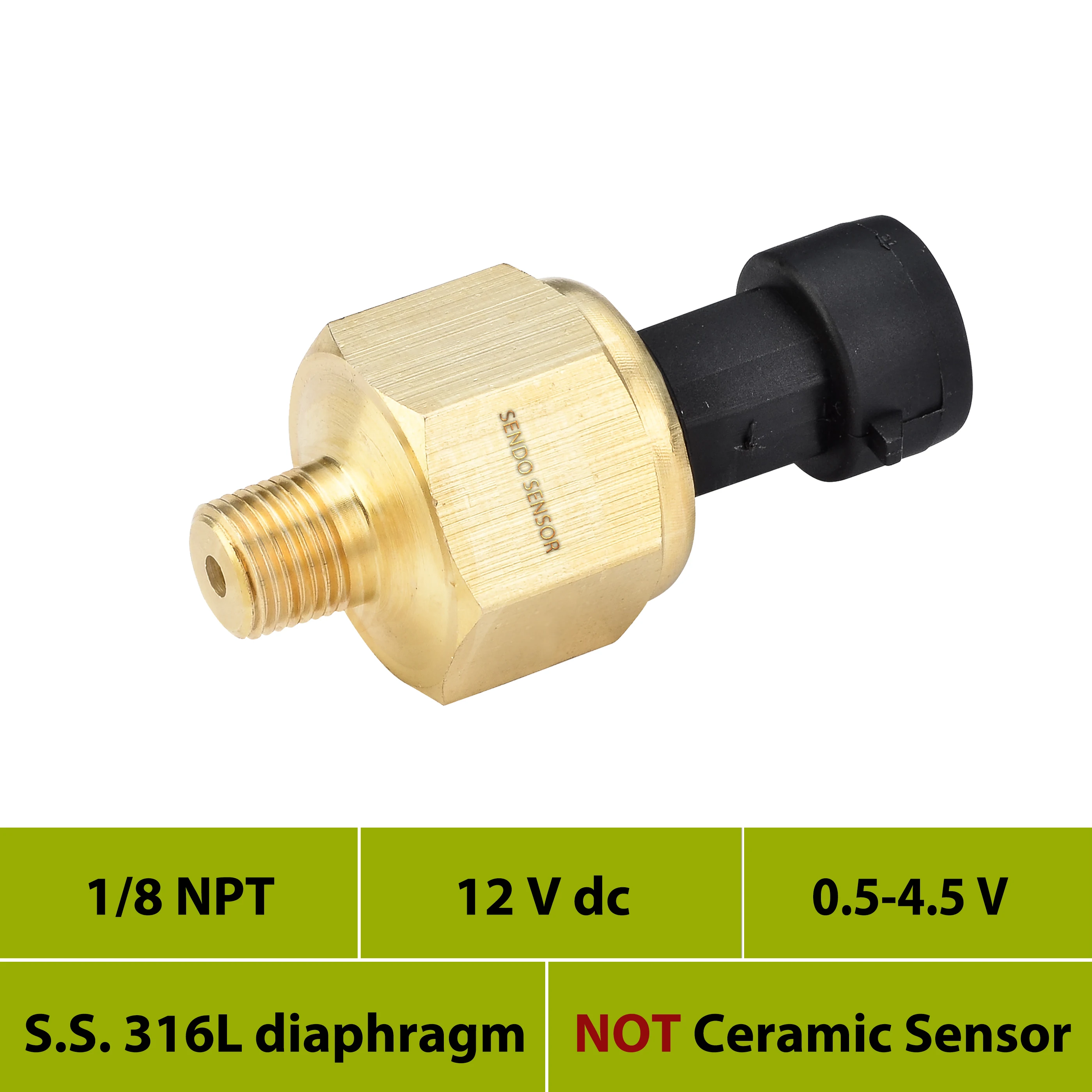 12 v pressure sensor, 0 to 75 psi, 100, 150 psi, 15, 30, 50 psi, 10 bar, 16 bar, 25, 40 bar, signal 0.5 to 4.5V, 1 8 NPT thread