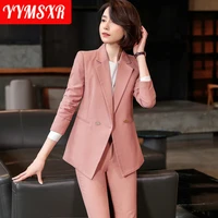autumn and winter high quality womens new slim double breasted long sleeved ladies blazer casual high waist all match trousers