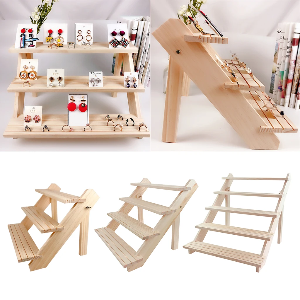 

Jewelry Display Tray Earrings Rings Solid Wood Holder Organizer Shelf