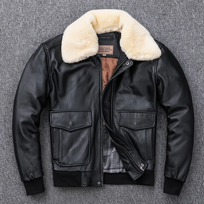 

Winter Motor G1 Style Leather Coat Mens Military Sheepskin Flight Bomber Jacket
