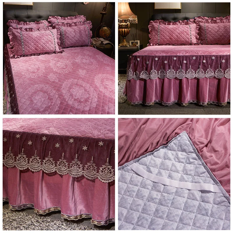 

Vintage Embroidered Lace Bed Skirt Elastic Band Ruffle Velvet Bed Spread Cover Queen Quilted King Size Double Soft Warm 160x200
