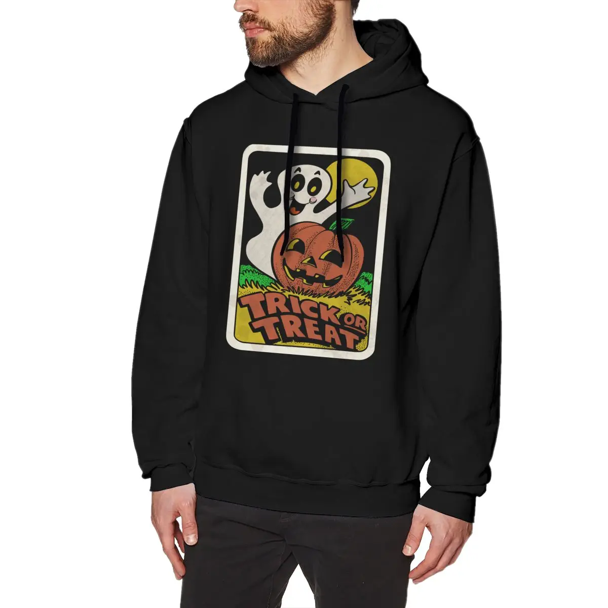 

Leisure Hoodies Man Vintage Halloween Trick Or Treat Ghost With Pumpkin Pure Cotton Hooded Sweatshirt Gray Pullovers