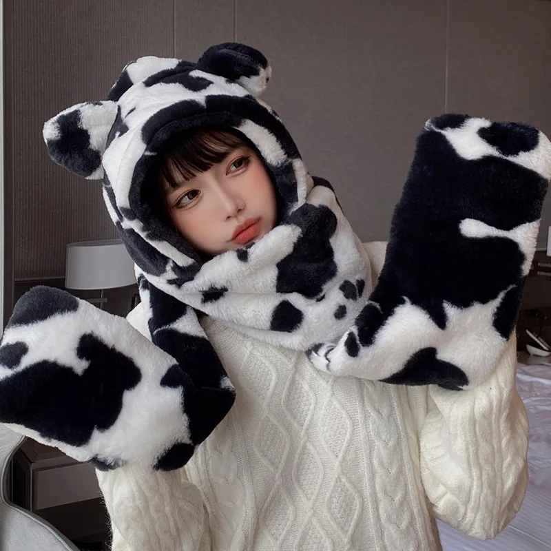 

Han edition winter imitation rabbit fur hats scarves gloves one three-piece female cute cows warm students thick scarf