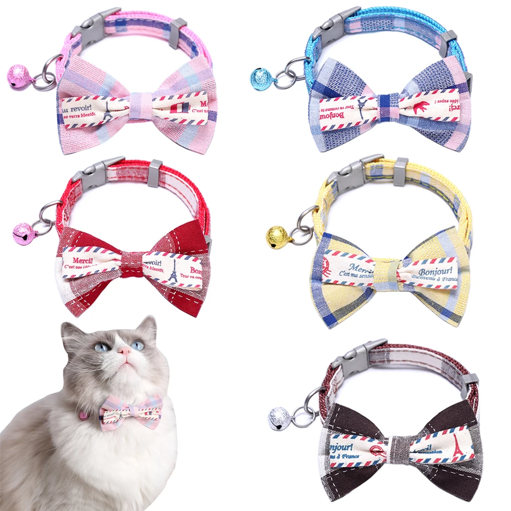 Ошейник для кошек с колокольчиком и бабочкой милый клетчатый узор Регулируемые