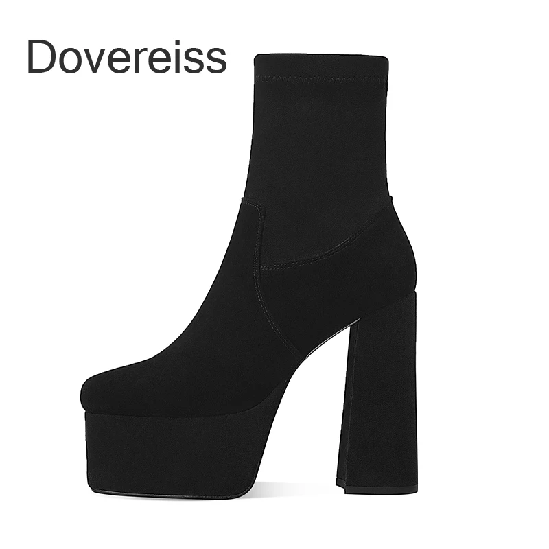 

Dovereiss Winter Woman New Fashion Sexy Consice Pink Square Toe New Slip On Block heels Zipper Chunky Heels Ankle boots 40