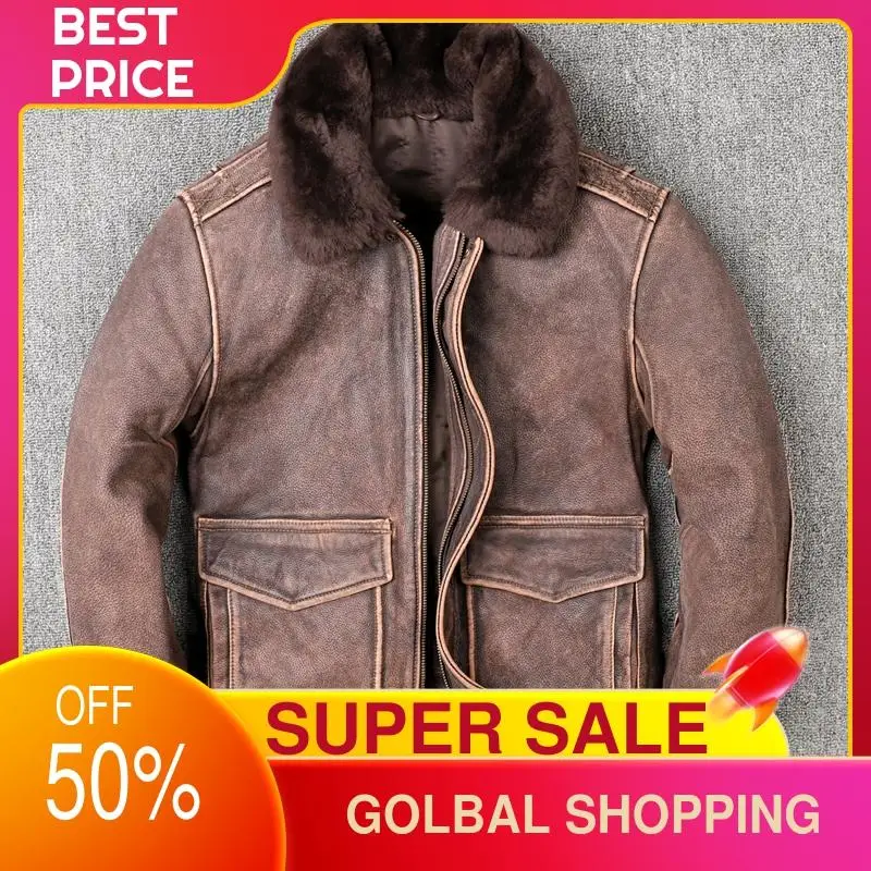 

2021 Vintage Brown Military Style USAF Pilot Leather Jacket Europe Size Genuine Thick Cowhide Winter Warm Aviation Coat