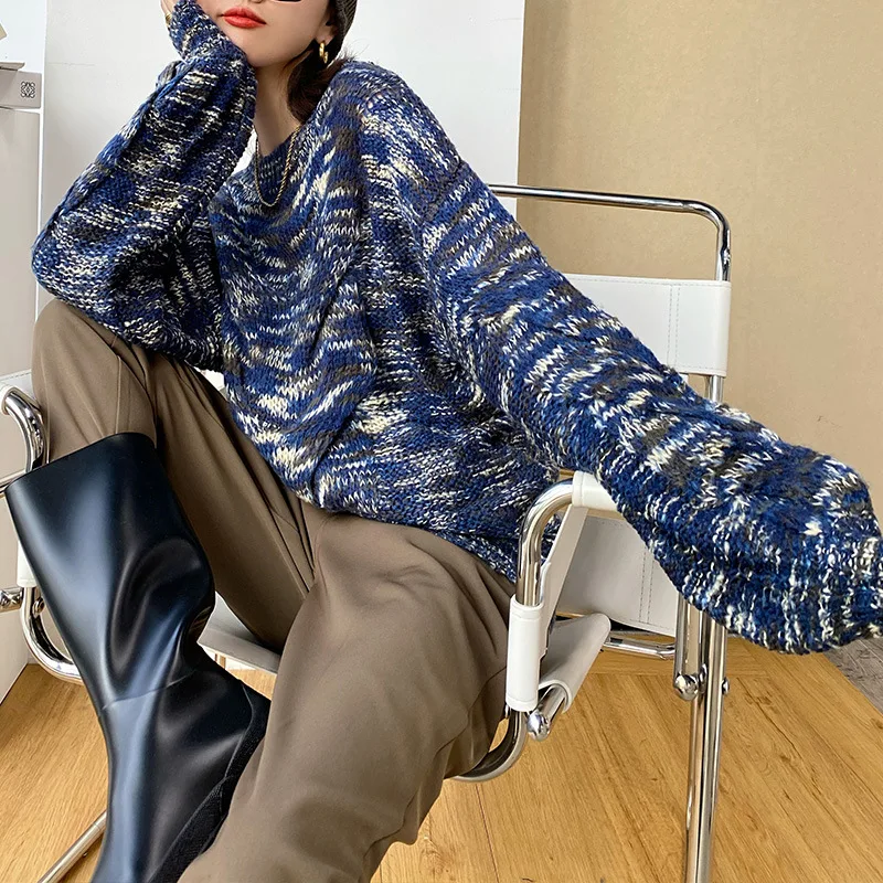

Spring Winter Lazy Style Knitted Coarse Sweater for Ladies Loose Colorful Casual Knit Sweater Top Woman Thick Warm Pullover Lady