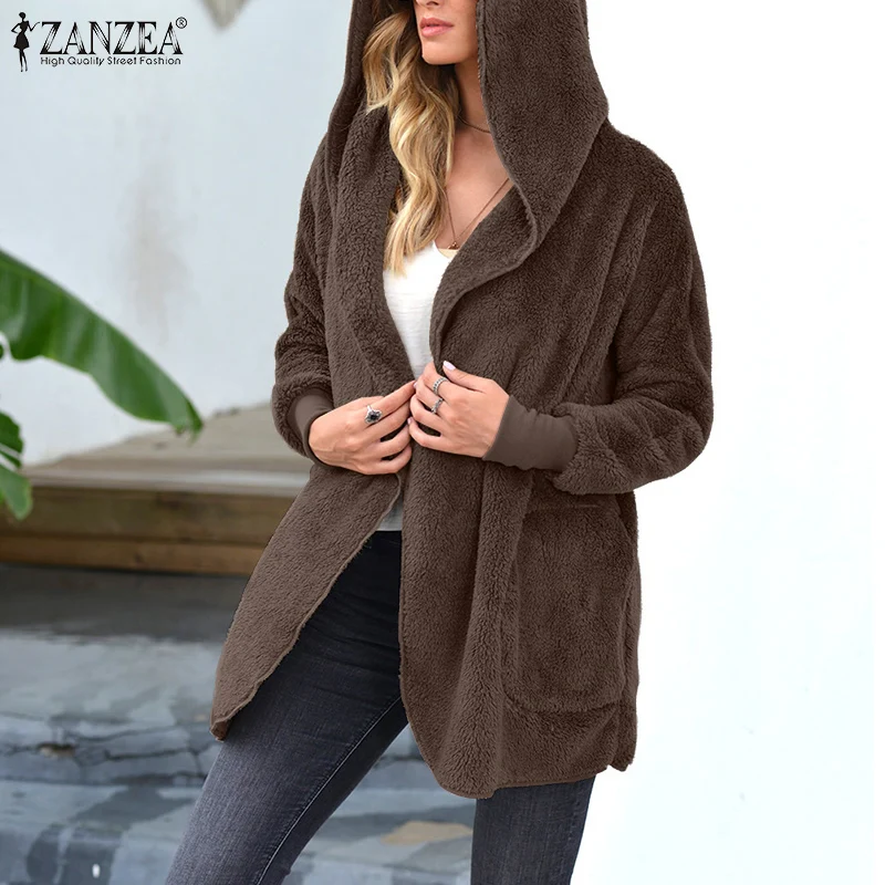 

Модный Кардиган ZANZEA с длинным рукавом, верхняя одежда, женская уличная куртка с лацканами, топы, женские осенние пушистые пальто, однотонные...