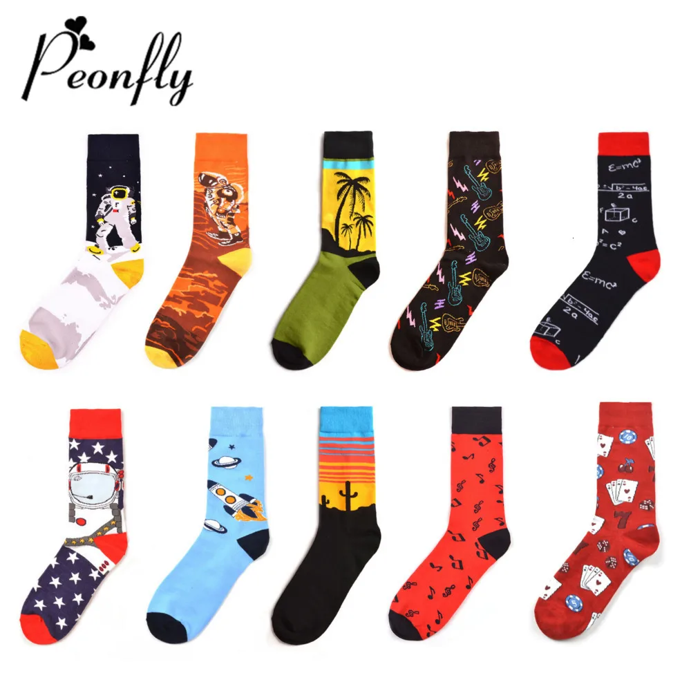 PEONFLY, 10 пар/лот, мужские носки, мультяшный астронавт, художественная живопись, короткие скейты, забавные, счастливые, Harajuku, хип-хоп, уличные модные мужские носки