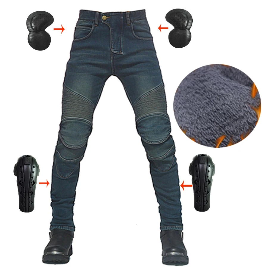 Motorcycle Jeans Pad Winter Men jeans Black Slim Fit Stretch Thick Velvet Pants Warm Jeans Fleece Trousers Male Plus Size New