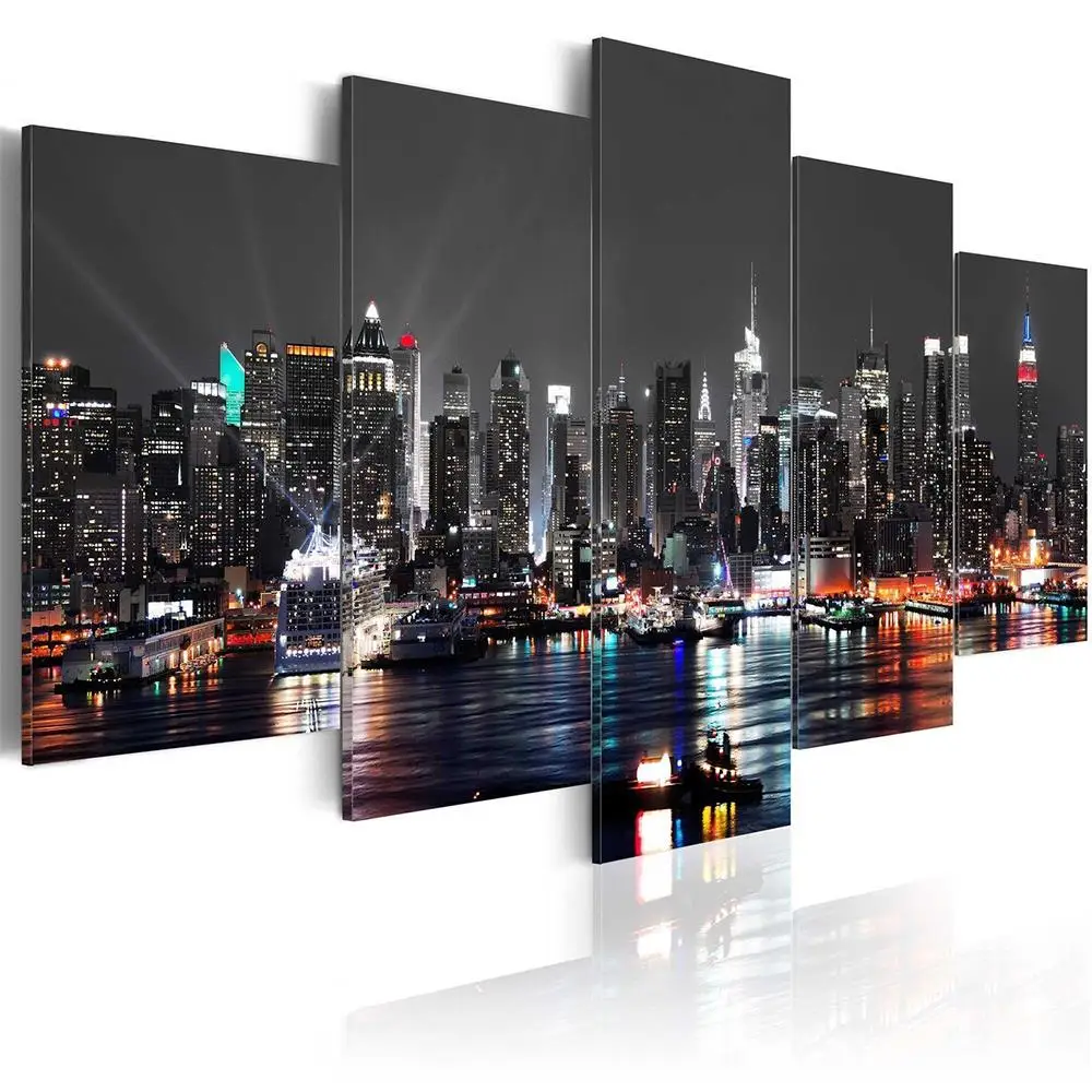 

Wall Decor Office Canvas Oil Paintings Hanging Creative Home Art Craft Beautiful 5pcs New York Night Scene Bar Ornament Large