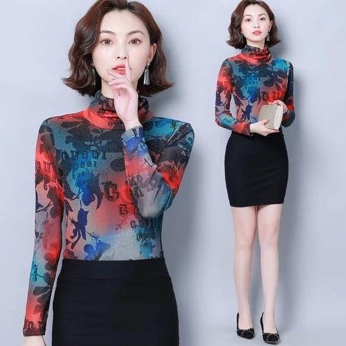 2020 Spring Autumn Elastic Fine Printing Woman Shirt High Collar Long Sleeve Xxxl Female Fashion Temperament Bottoming Shirts |