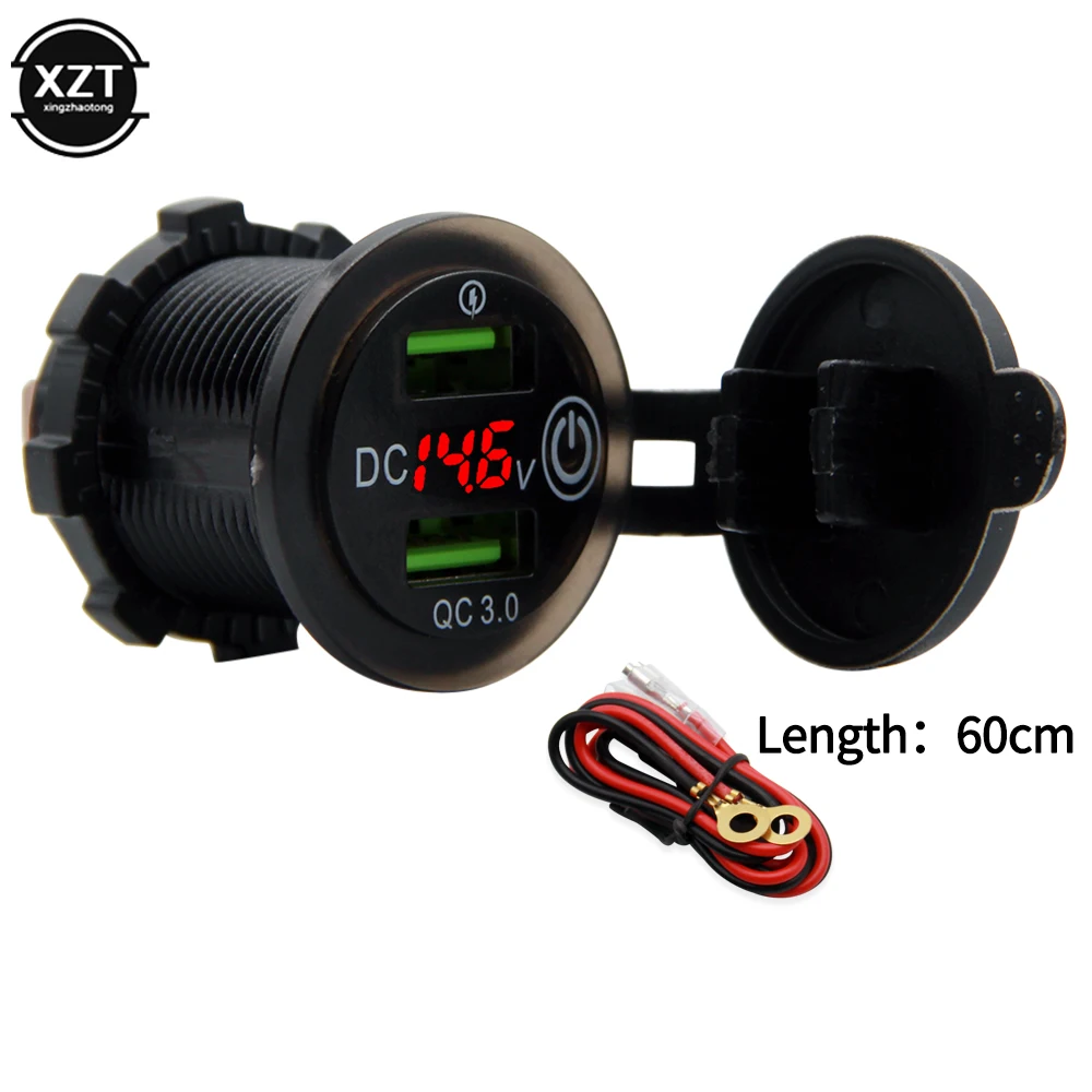 

12V 24V QC 3.0 Dual USB Car Charger Waterproof 18W USB Outlet Fast Charge with LED Voltmeter Touch Switch Power Cable