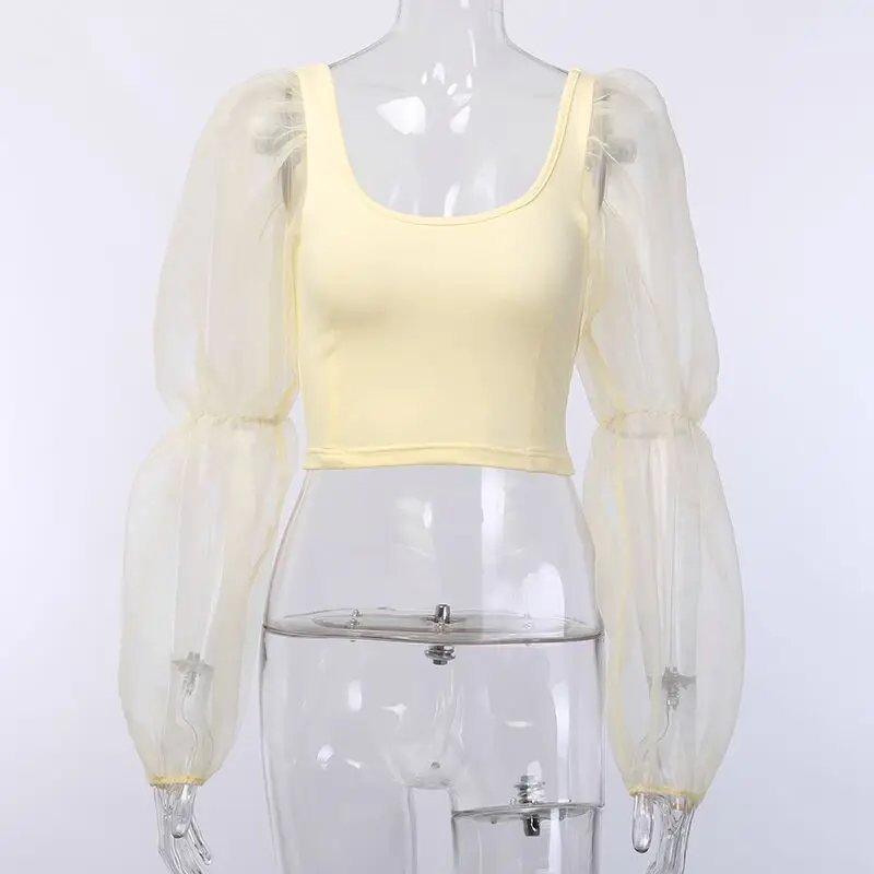 Женские сетчатые Топы в стиле ретро летние короткие топы с рукавами-фонариками и